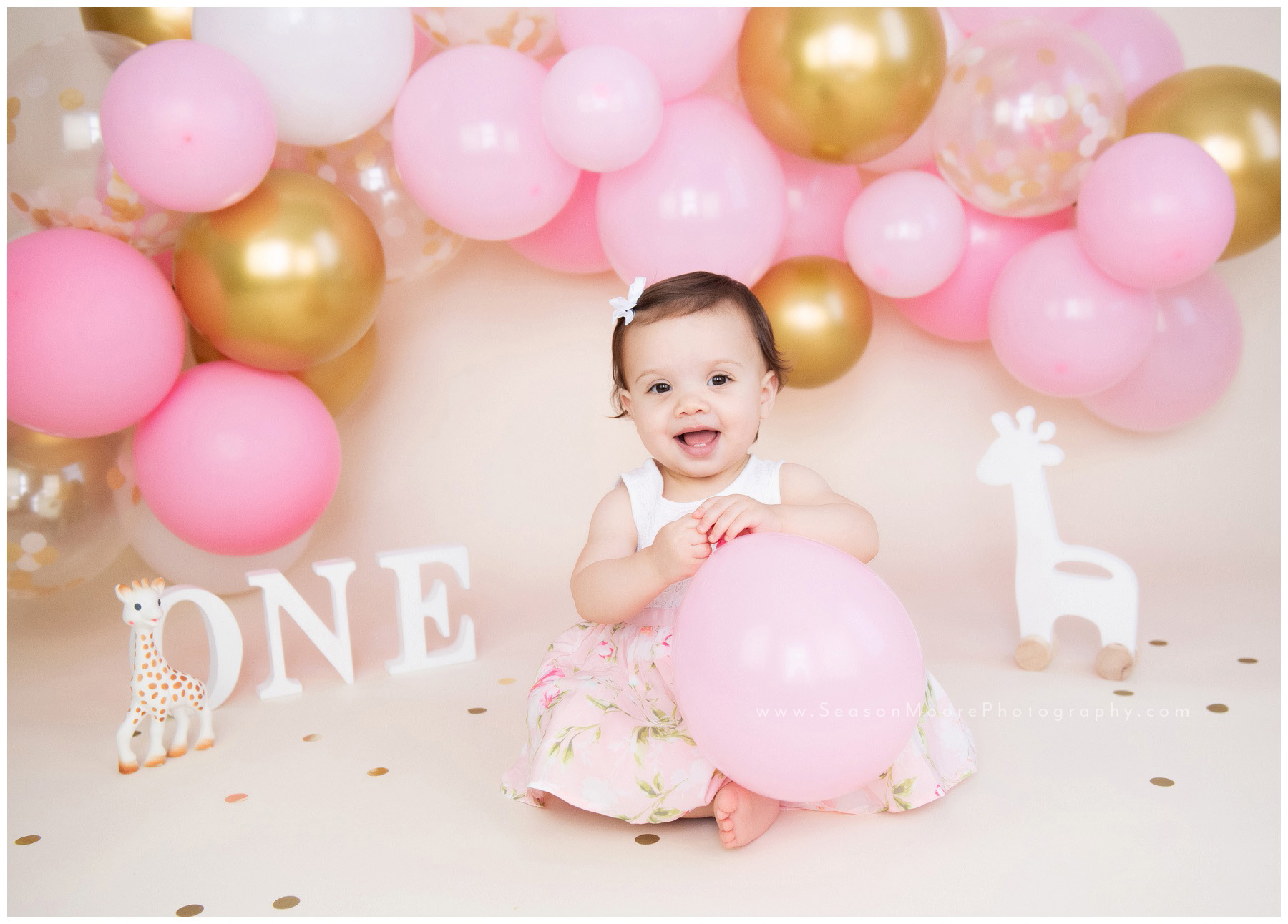 cake smash pink gold balloon garland set giraffe sophie raleigh first birthday photographer