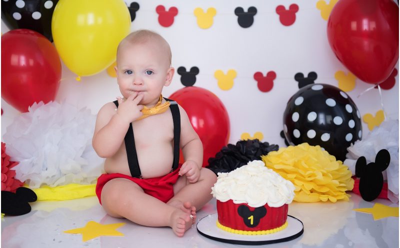mickey mouse cake smash session first birthday photographer raleigh north carolina