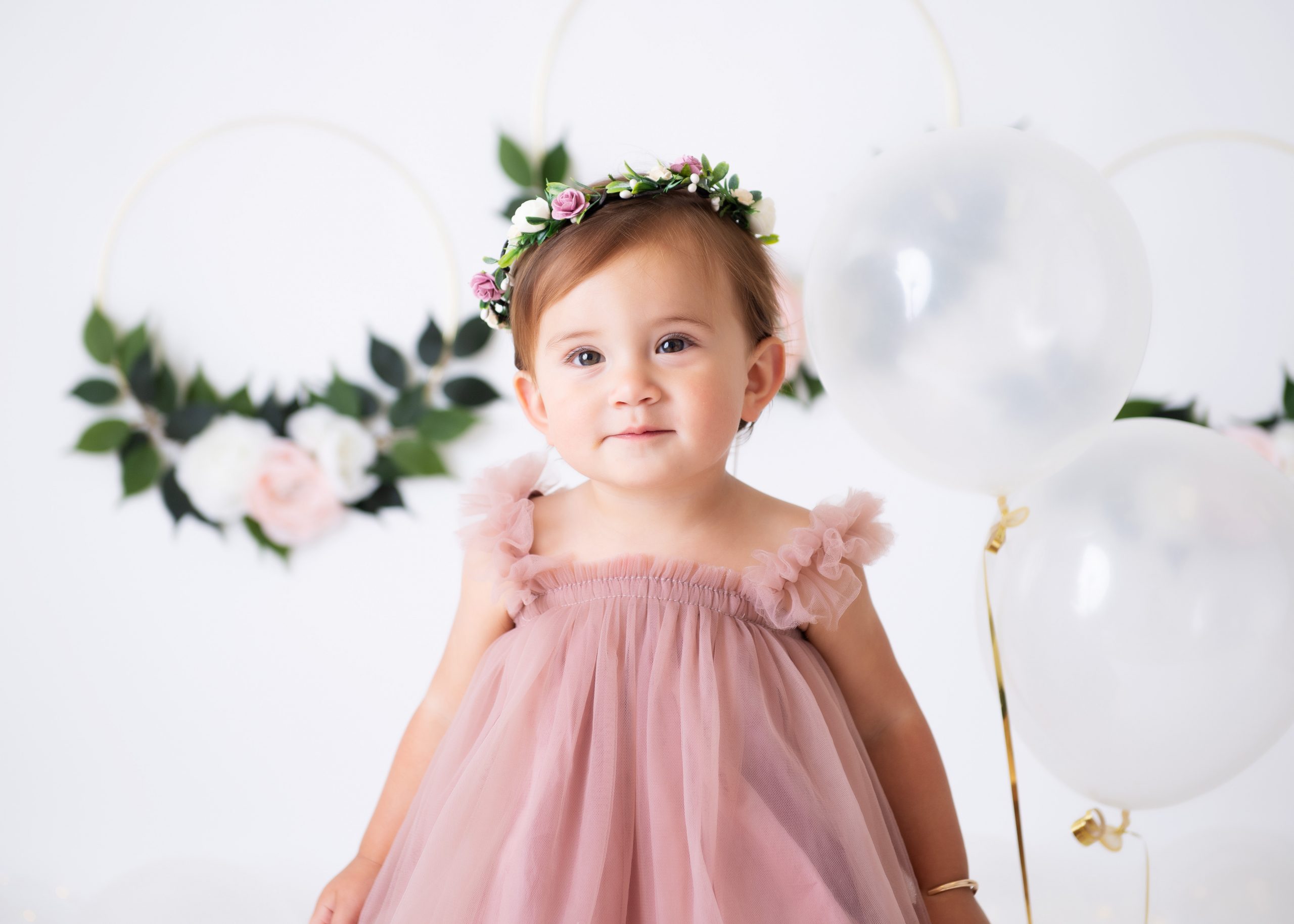 Ally's First Birthday Cake Smash with Pink Floral and Palm Hoops - Kelly  McPhail Photography